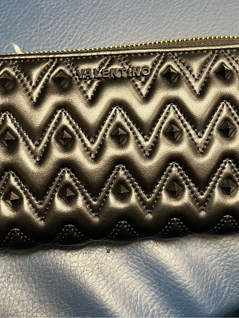 Valentino Black Quilted Rockstud Zip Wallet